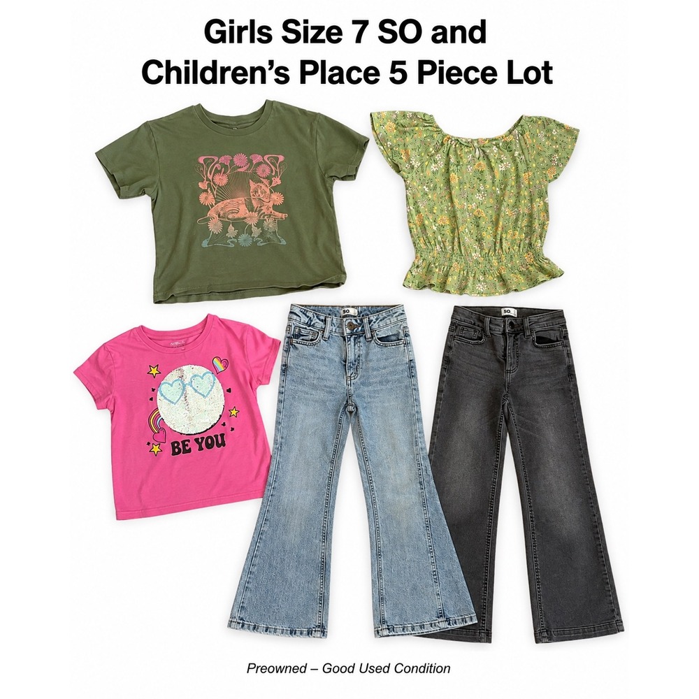Girls Size 7 SO & Childrens Place 5 Piece Lot Jeans Graphic Tees Smocked Blouse